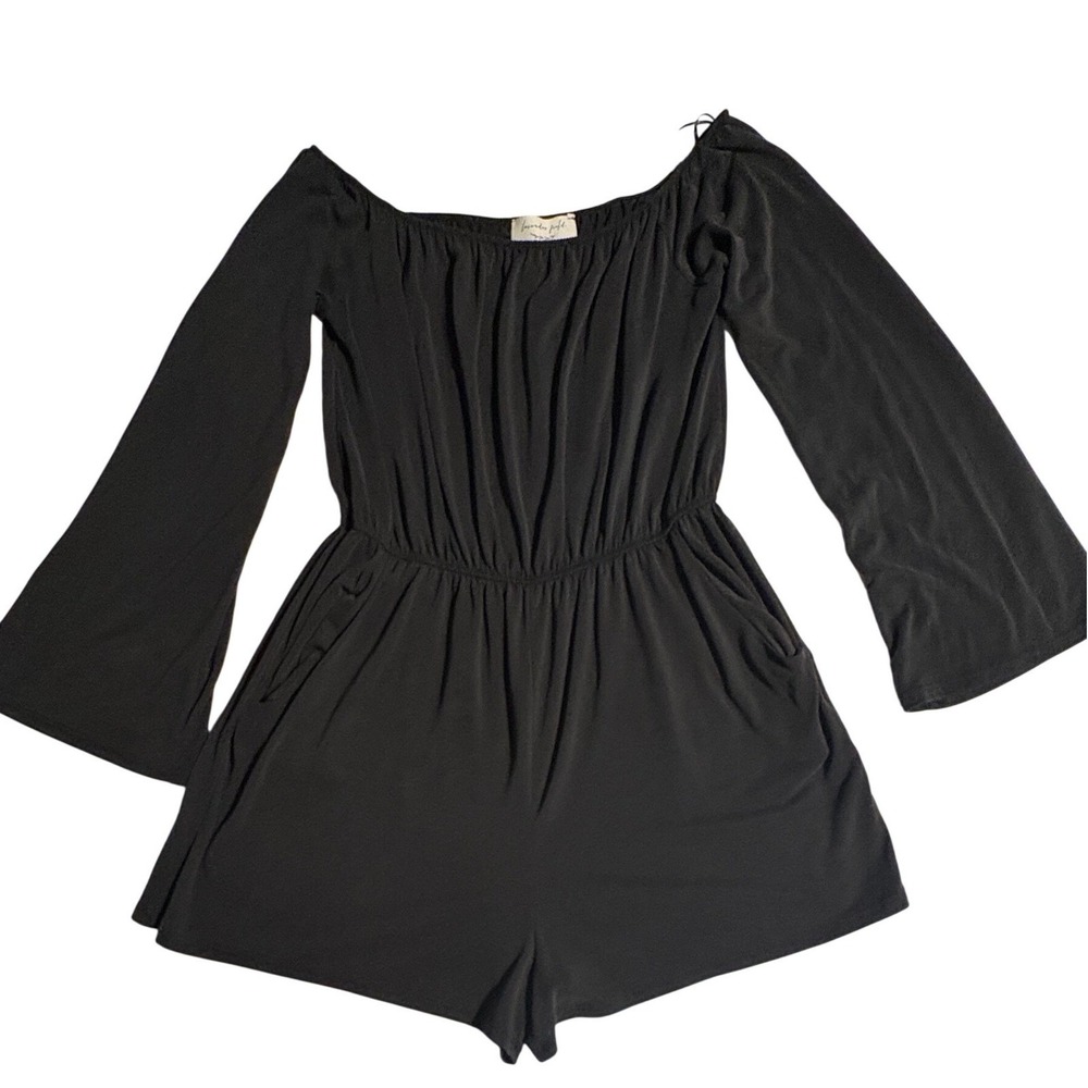 Soft Black Off The Shoulder Bell Sleeve Romper Shorts with Pockets Women S - Picture 2 of 10
